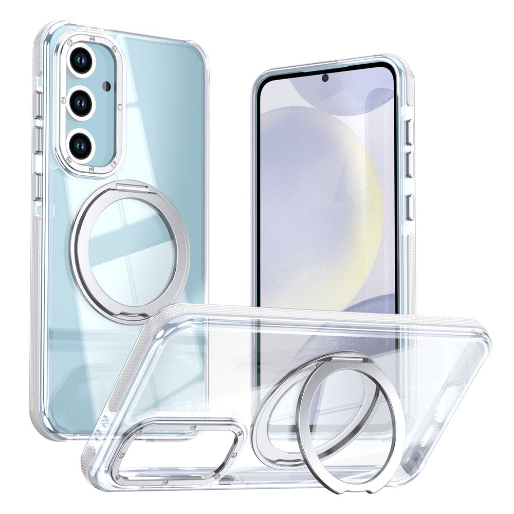 For Samsung Galaxy S24 FE Magnetic Case Rotating Ring Kickstand Dual Color Acrylic + TPU Clear Phone Cover