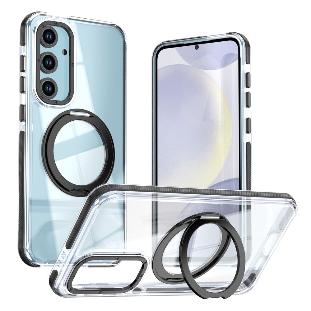 For Samsung Galaxy S24 FE Magnetic Case Rotating Ring Kickstand Dual Color Acrylic + TPU Clear Phone Cover