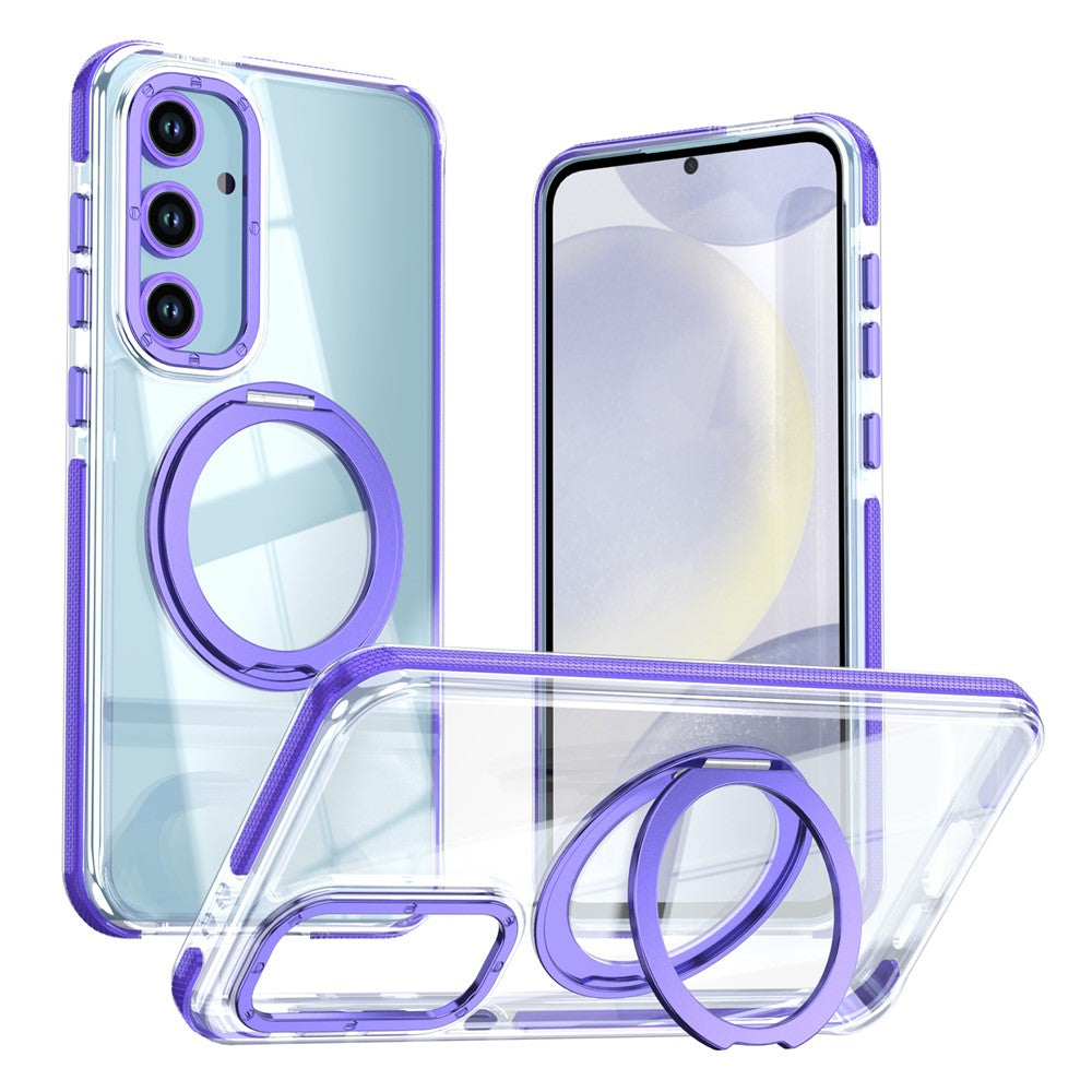 For Samsung Galaxy S24 FE Magnetic Case Rotating Ring Kickstand Dual Color Acrylic + TPU Clear Phone Cover