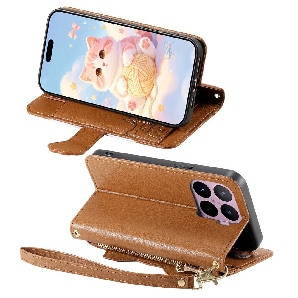 For Xiaomi 17T Pro Case Cute Cat Pattern PU Leather Wallet Phone Cover with Wrist Strap