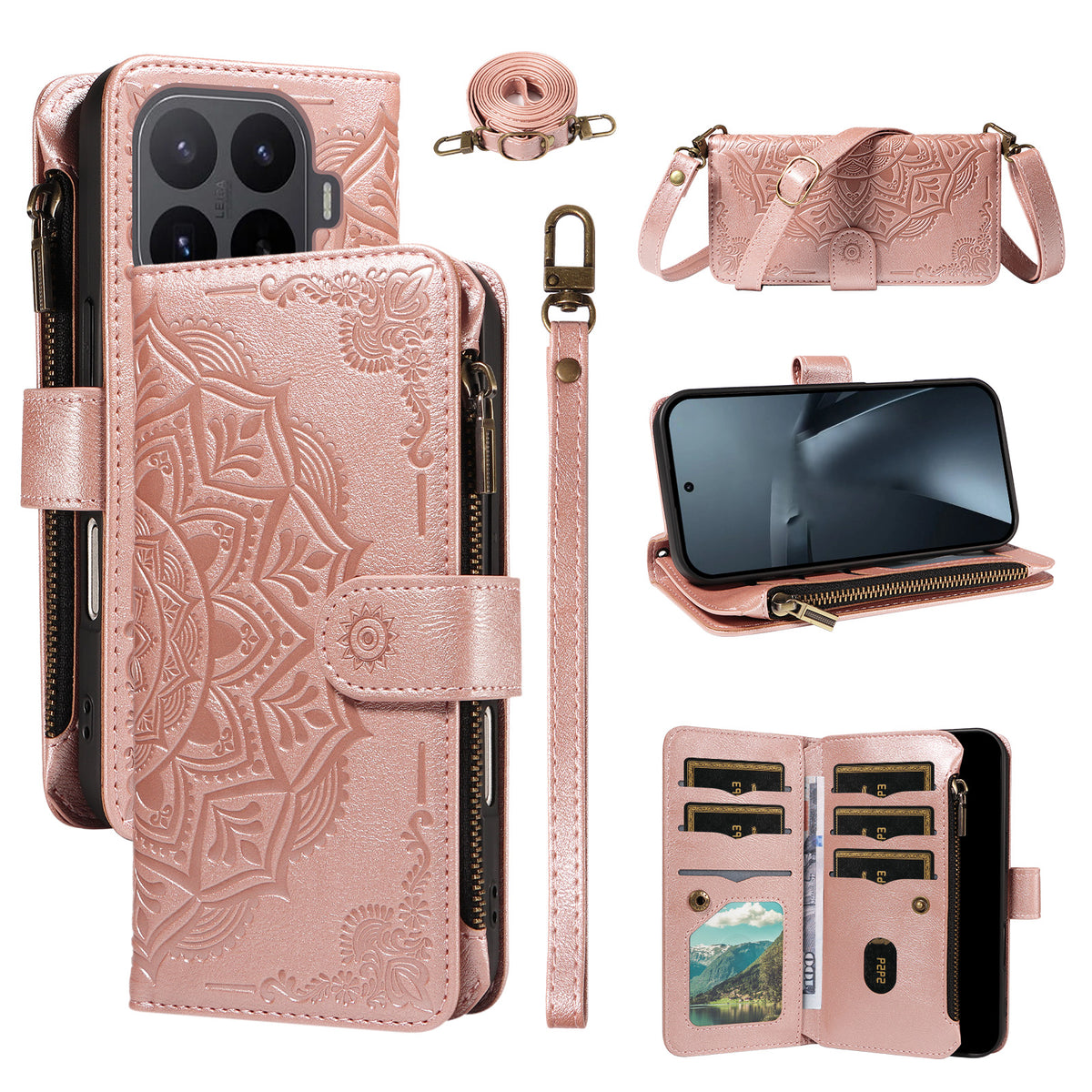 For Xiaomi 17T Pro Wallet Case 9 Card Slots RFID Blocking Mandala Embossed Leather Flip Cover with Wrist Strap