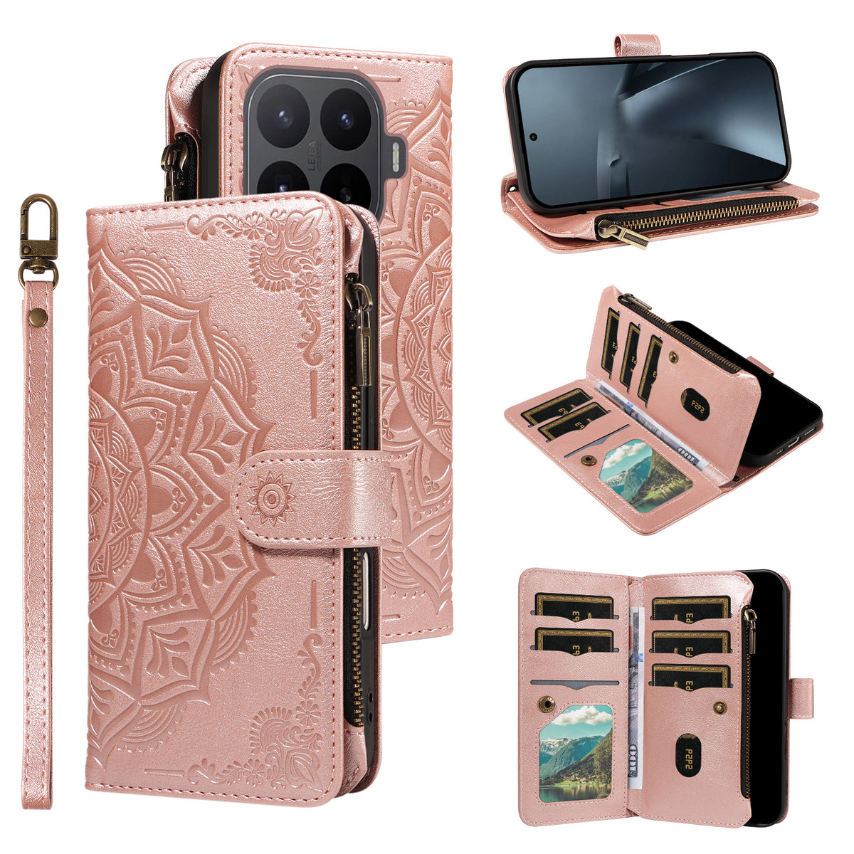 For Xiaomi 17T Pro Wallet Case 9 Card Slots RFID Blocking Mandala Embossed Leather Flip Cover with Wrist Strap