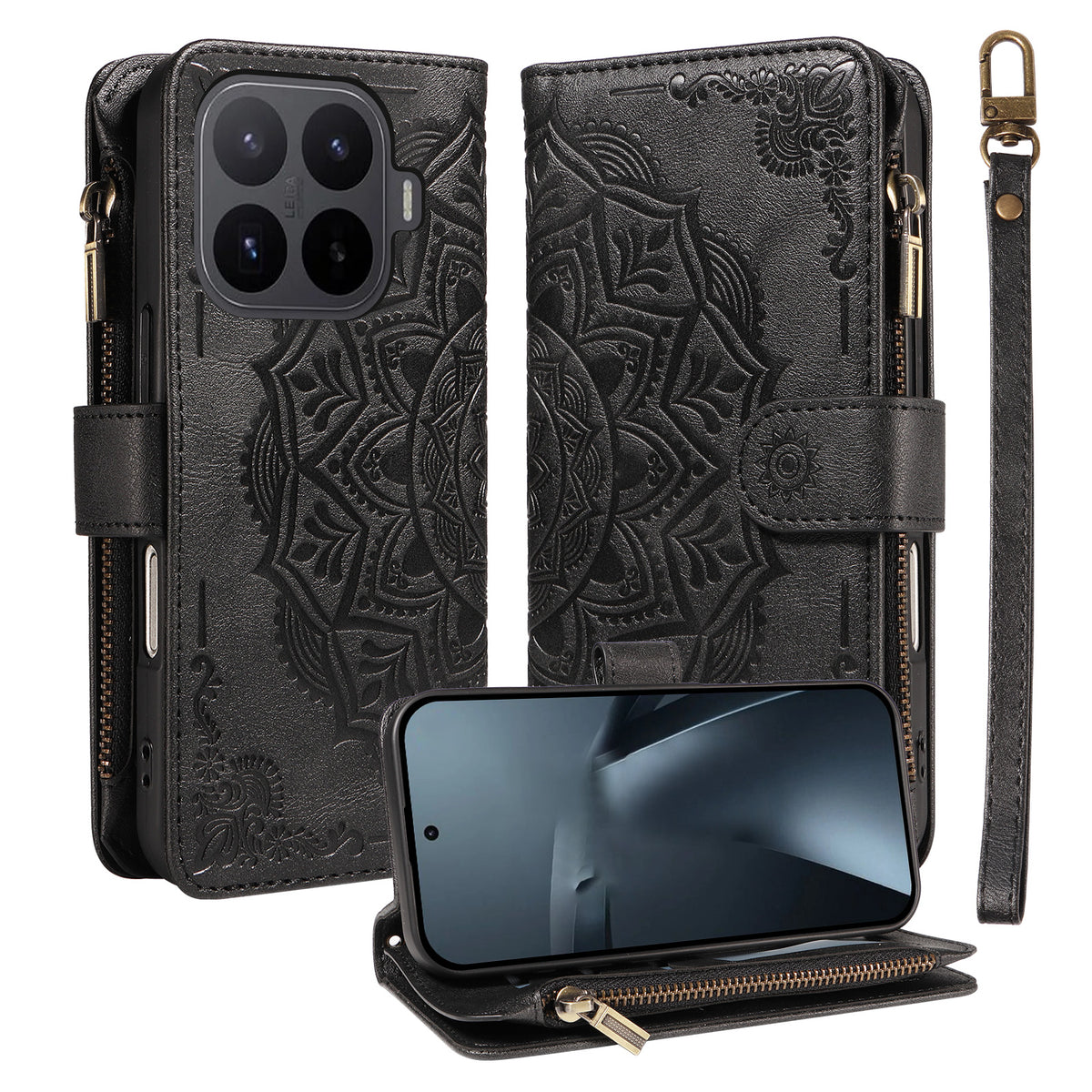 For Xiaomi 17T Pro Wallet Case 9 Card Slots RFID Blocking Mandala Embossed Leather Flip Cover with Wrist Strap