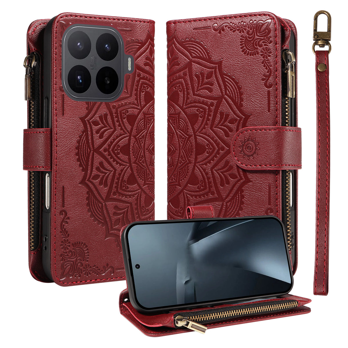 For Xiaomi 17T Pro Wallet Case 9 Card Slots RFID Blocking Mandala Embossed Leather Flip Cover with Wrist Strap
