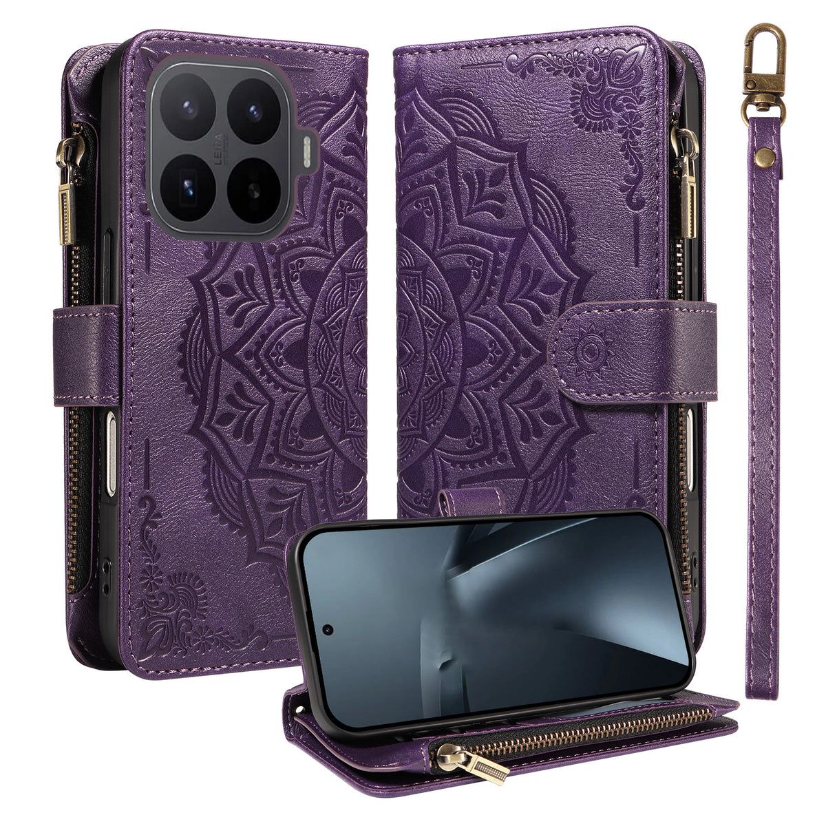 For Xiaomi 17T Pro Wallet Case 9 Card Slots RFID Blocking Mandala Embossed Leather Flip Cover with Wrist Strap