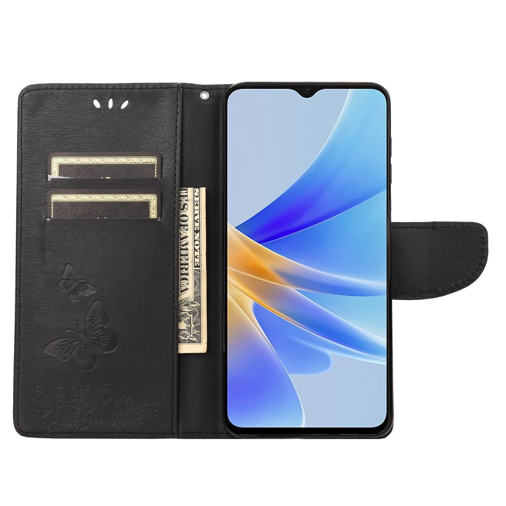 Mobilmobilskal till Oppo A17 4G / A17k 4G Plånboksfodral med fjärilar och blommor, PU-läder, flip-folio-fodral med stativ