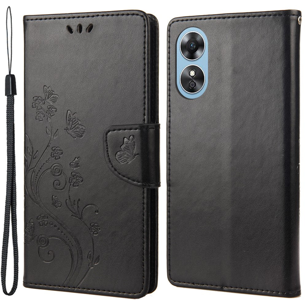 For Oppo A17 4G / A17k 4G Anti-drop Flower Butterfly Imprinted Protective Cover PU Leather Phone Wallet Stand Case