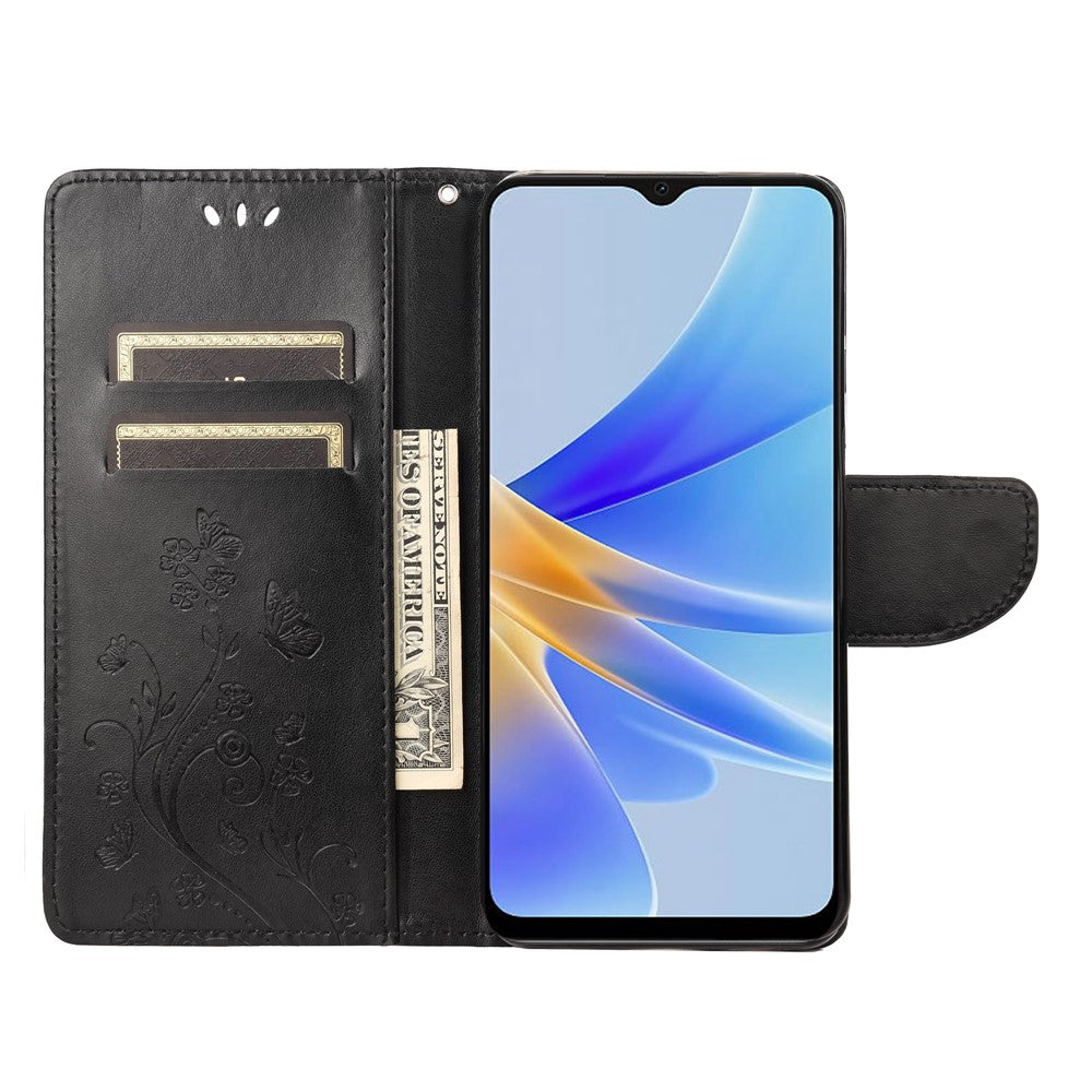 For Oppo A17 4G / A17k 4G Anti-drop Flower Butterfly Imprinted Protective Cover PU Leather Phone Wallet Stand Case