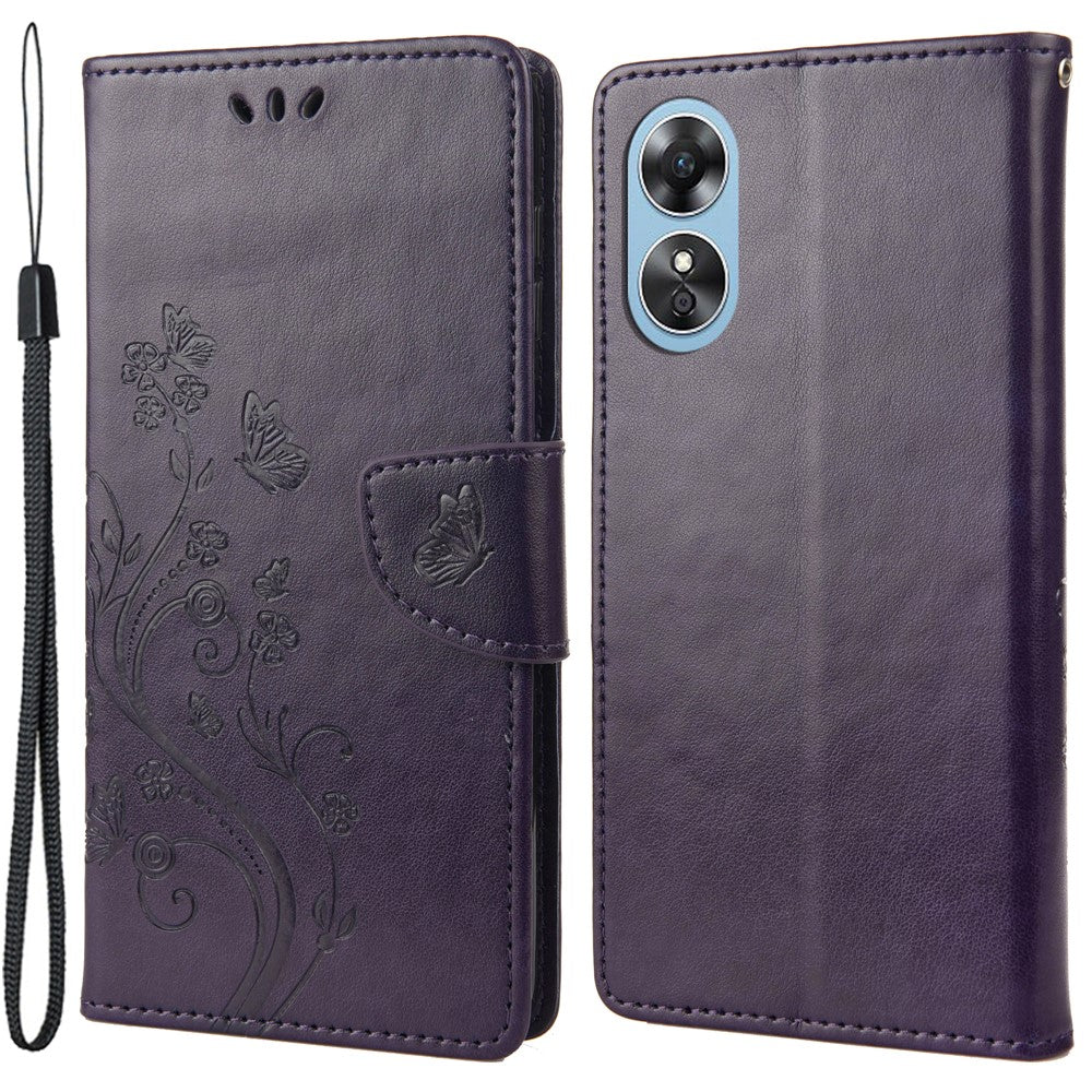 For Oppo A17 4G / A17k 4G Anti-drop Flower Butterfly Imprinted Protective Cover PU Leather Phone Wallet Stand Case