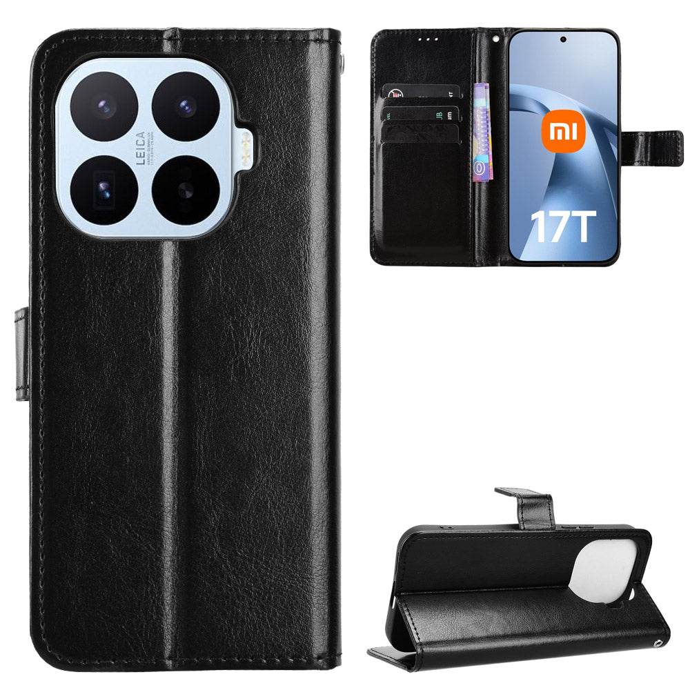 For Xiaomi 17T Pro PU Leather Case with Strap Crazy Horse Texture Phone Wallet Cover