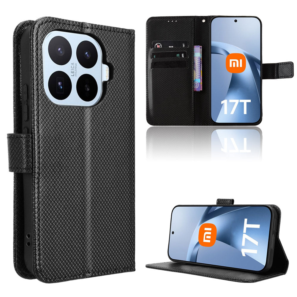 For Xiaomi 17T Pro Leather Wallet Case with Strap Diamond Texture Phone Cover