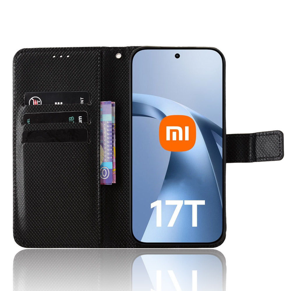 For Xiaomi 17T Pro Leather Wallet Case with Strap Diamond Texture Phone Cover