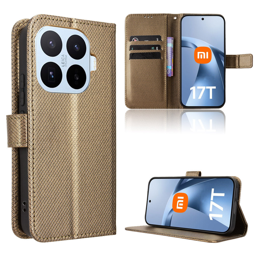 For Xiaomi 17T Pro Leather Wallet Case with Strap Diamond Texture Phone Cover
