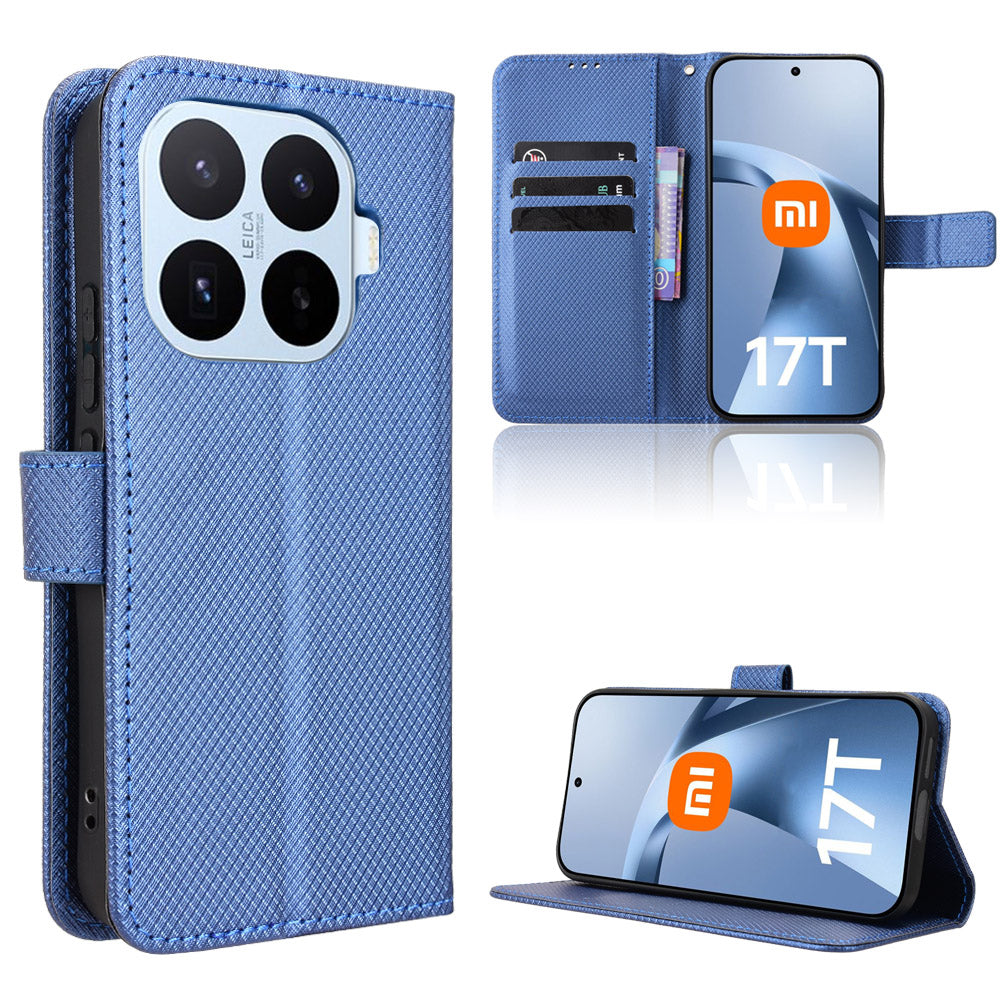 For Xiaomi 17T Pro Leather Wallet Case with Strap Diamond Texture Phone Cover