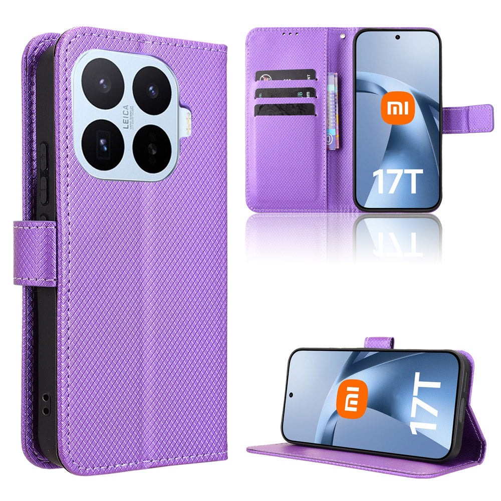 For Xiaomi 17T Pro Leather Wallet Case with Strap Diamond Texture Phone Cover