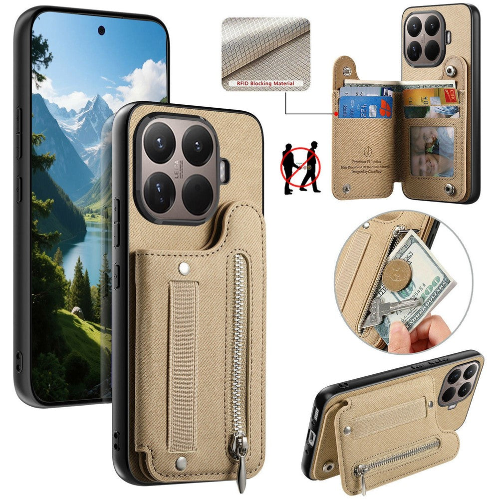 For Xiaomi 17T Pro Case RFID Blocking Card Holder Jeans Cloth Texture Leather Back Cover with Elastic Wristband