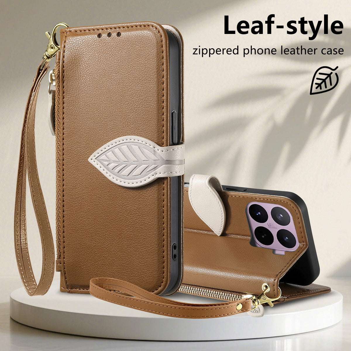 For Xiaomi 17T Stand Case Leaf Shape Magnetic Clasp Leather Phone Cover with Hand Strap