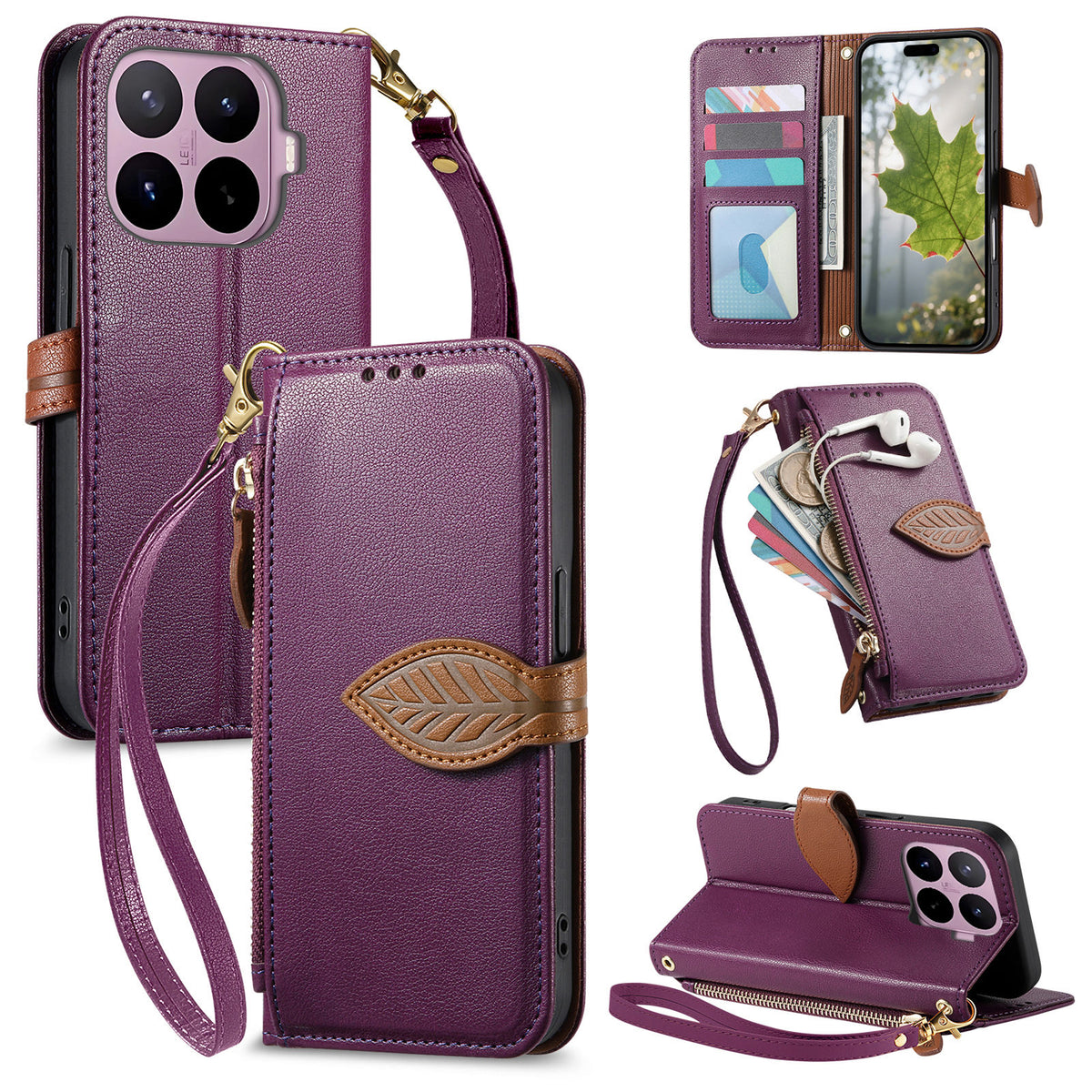 For Xiaomi 17T Stand Case Leaf Shape Magnetic Clasp Leather Phone Cover with Hand Strap