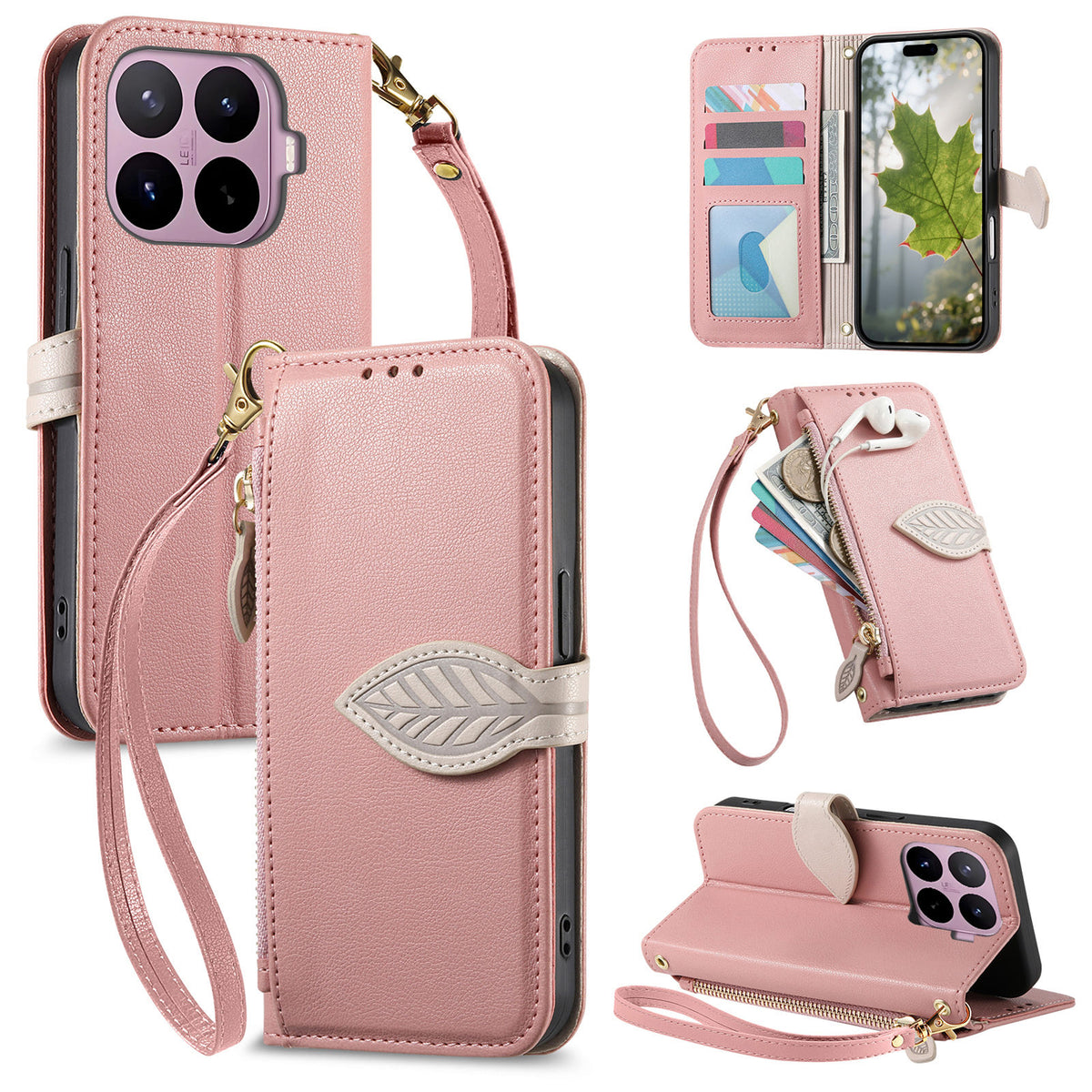 For Xiaomi 17T Stand Case Leaf Shape Magnetic Clasp Leather Phone Cover with Hand Strap