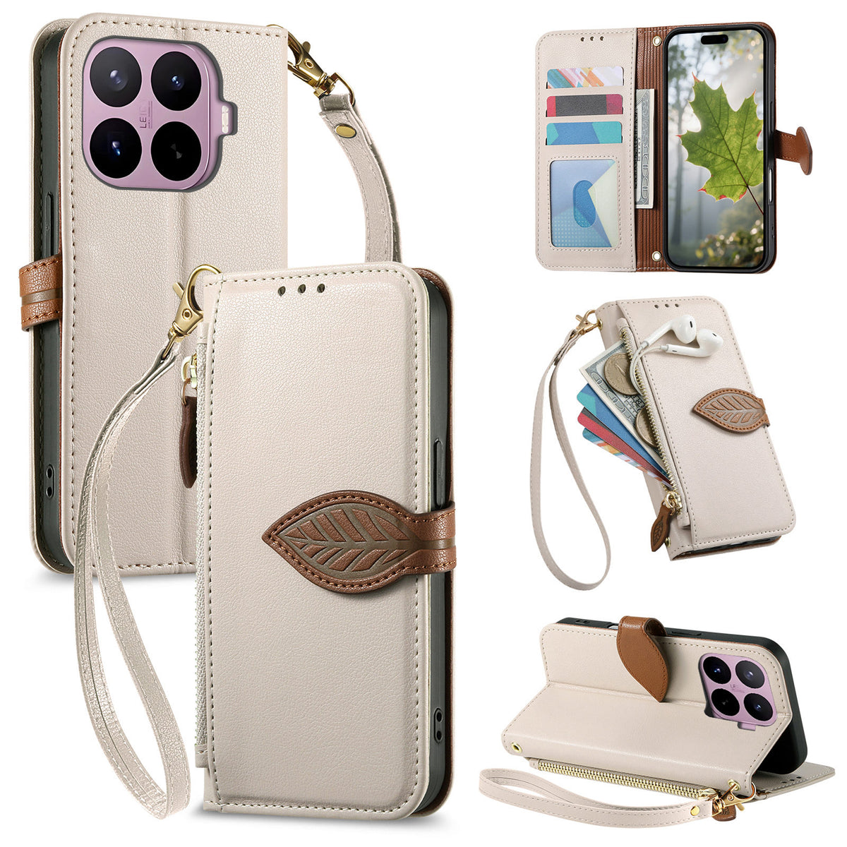 For Xiaomi 17T Stand Case Leaf Shape Magnetic Clasp Leather Phone Cover with Hand Strap