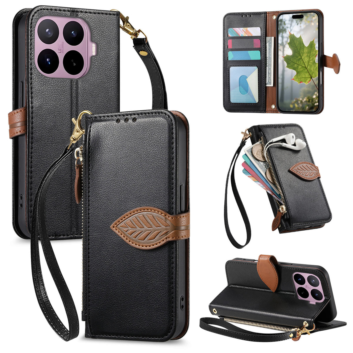 For Xiaomi 17T Stand Case Leaf Shape Magnetic Clasp Leather Phone Cover with Hand Strap
