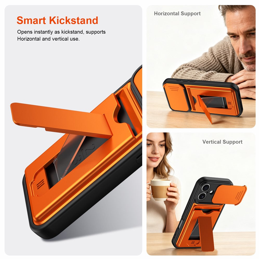 For iPhone 17 Case Slide Camera Cover Kickstand PC + TPU Phone Shell with Card Holder