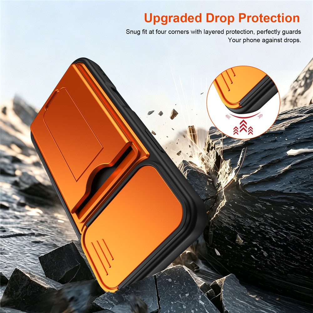 For iPhone 17 Case Slide Camera Cover Kickstand PC + TPU Phone Shell with Card Holder
