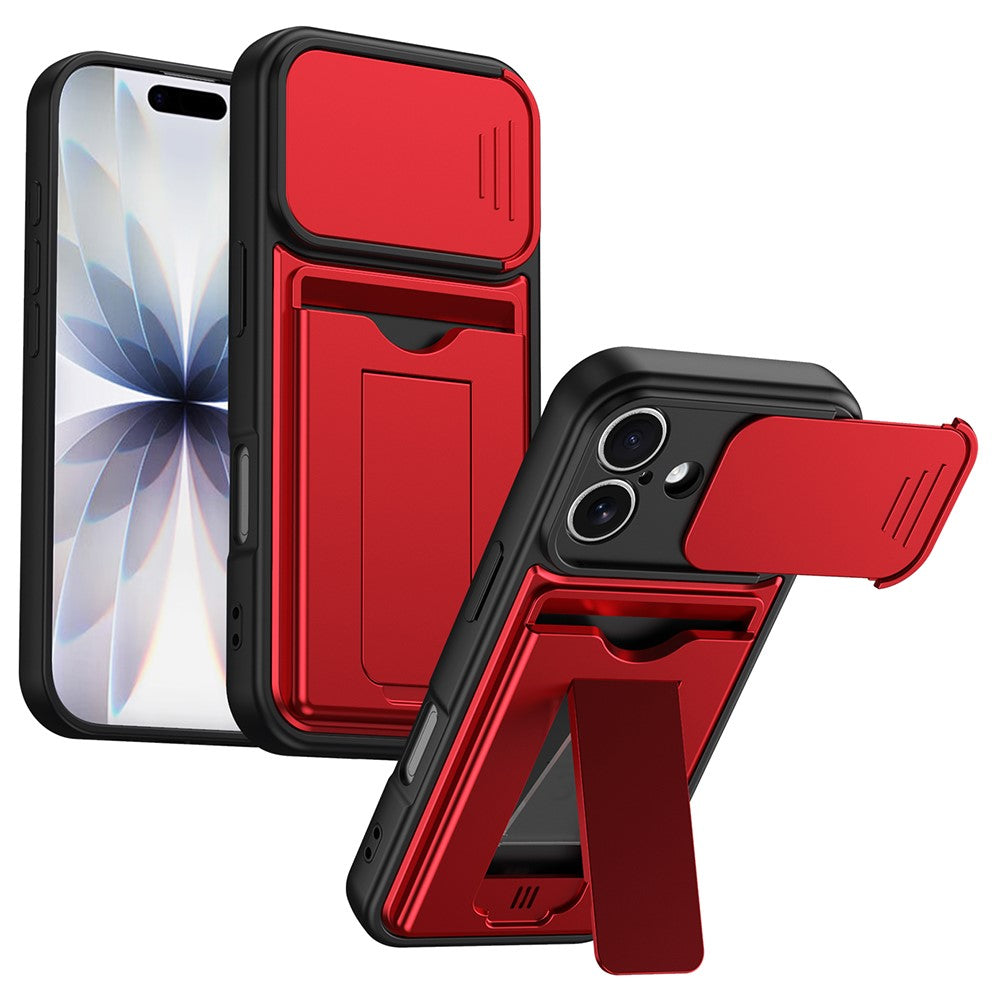For iPhone 16 Case Slide Camera Cover Kickstand PC + TPU Phone Shell with Card Holder