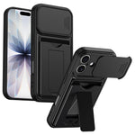 For iPhone 16 Case Slide Camera Cover Kickstand PC + TPU Phone Shell with Card Holder
