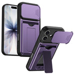 For iPhone 16 Case Slide Camera Cover Kickstand PC + TPU Phone Shell with Card Holder