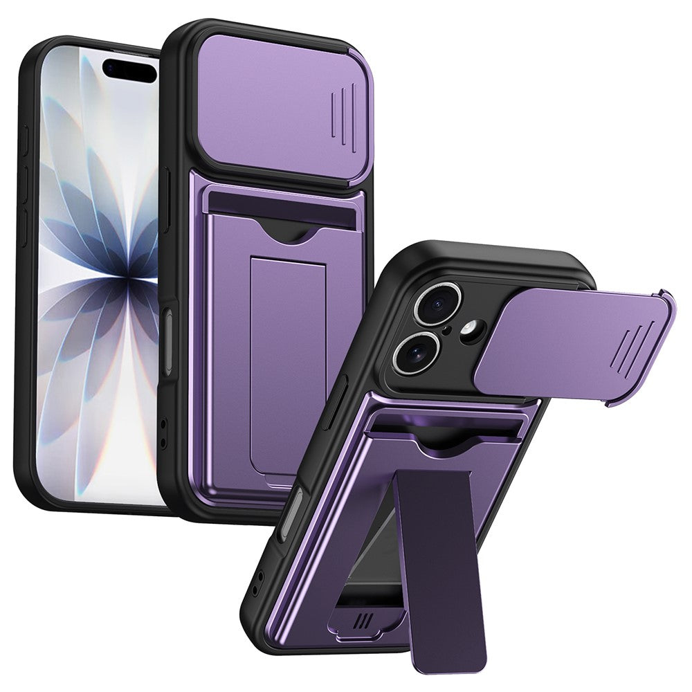 For iPhone 16 Case Slide Camera Cover Kickstand PC + TPU Phone Shell with Card Holder