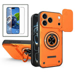For iPhone 17 Pro Max Case Sliding Camera Cover Ring Kickstand PC + TPU Phone Shell with Tempered Glass Film