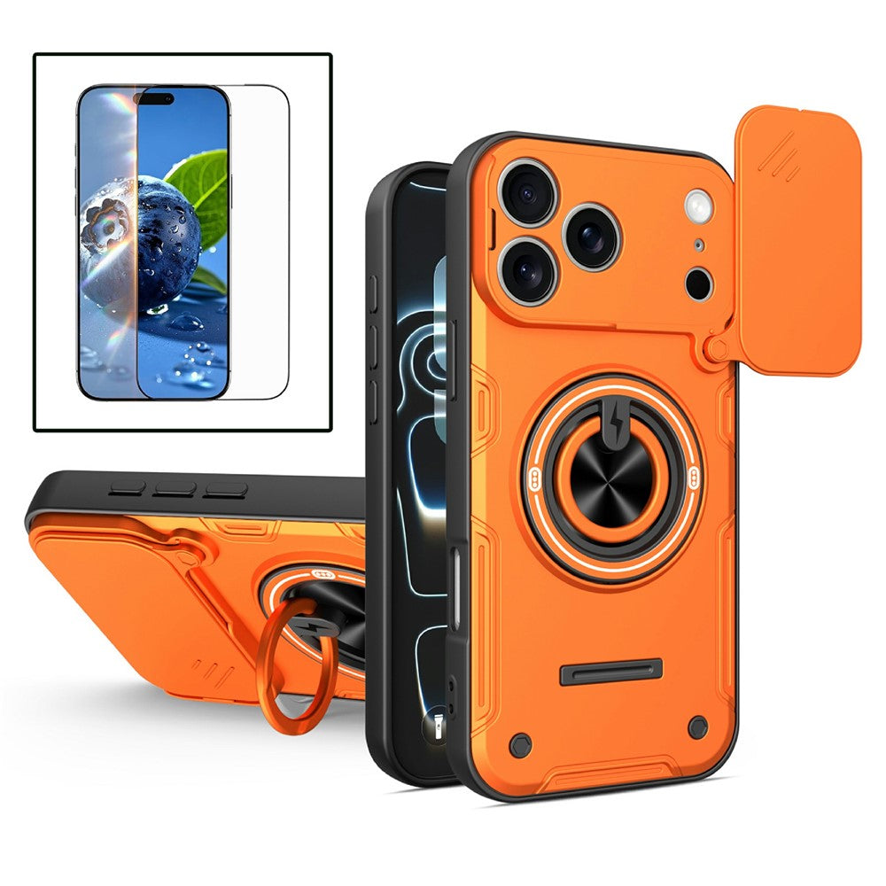 For iPhone 17 Pro Max Case Sliding Camera Cover Ring Kickstand PC + TPU Phone Shell with Tempered Glass Film