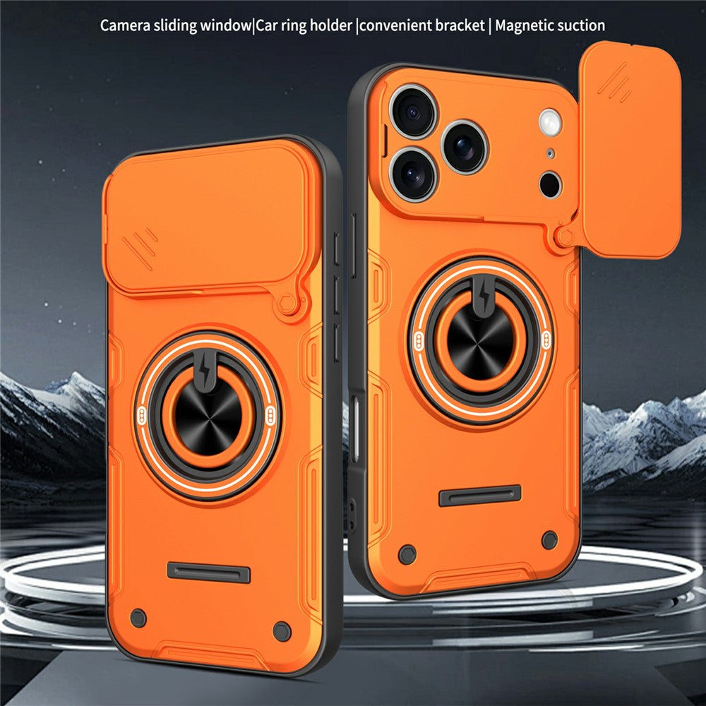 For iPhone 17 Pro Max Case Sliding Camera Cover Ring Kickstand PC + TPU Phone Shell with Tempered Glass Film
