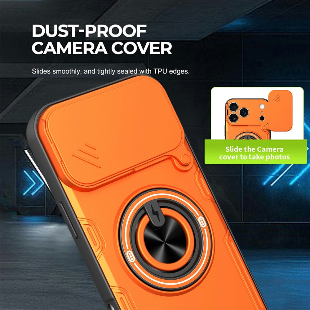 For iPhone 17 Pro Max Case Sliding Camera Cover Ring Kickstand PC + TPU Phone Shell with Tempered Glass Film