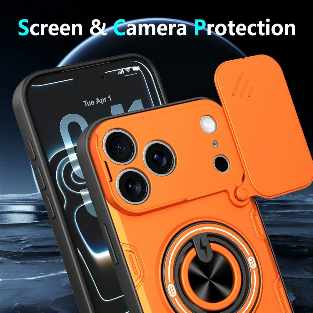 For iPhone 17 Pro Max Case Sliding Camera Cover Ring Kickstand PC + TPU Phone Shell with Tempered Glass Film