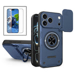 For iPhone 17 Pro Max Case Sliding Camera Cover Ring Kickstand PC + TPU Phone Shell with Tempered Glass Film