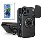 For iPhone 17 Pro Max Case Sliding Camera Cover Ring Kickstand PC + TPU Phone Shell with Tempered Glass Film