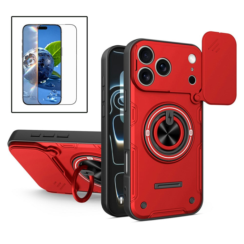 For iPhone 17 Pro Max Case Sliding Camera Cover Ring Kickstand PC + TPU Phone Shell with Tempered Glass Film