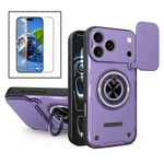 For iPhone 17 Pro Max Case Sliding Camera Cover Ring Kickstand PC + TPU Phone Shell with Tempered Glass Film