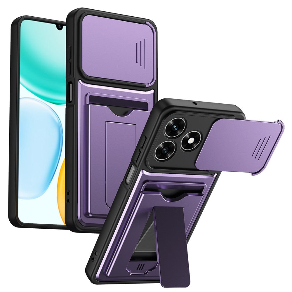For Honor X5c Plus 4G / X5c 4G Case Slide Camera Cover Kickstand PC + TPU Phone Shell with Card Holder