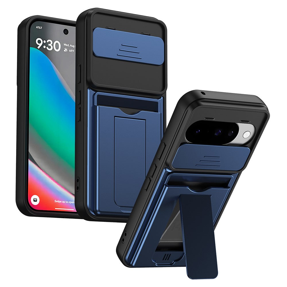 Til Google Pixel 10 Pro / Pixel 10 etui, skydende kameracover, støttefod, PC + TPU telefoncover med kortholder