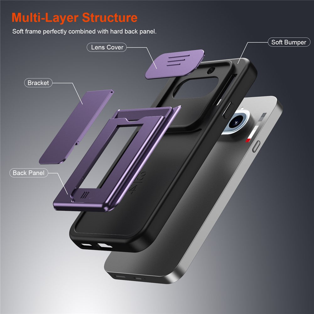 Til Nothing Phone (4a) etui Skydbart kameracover støttefod PC + TPU telefoncover med kortholder