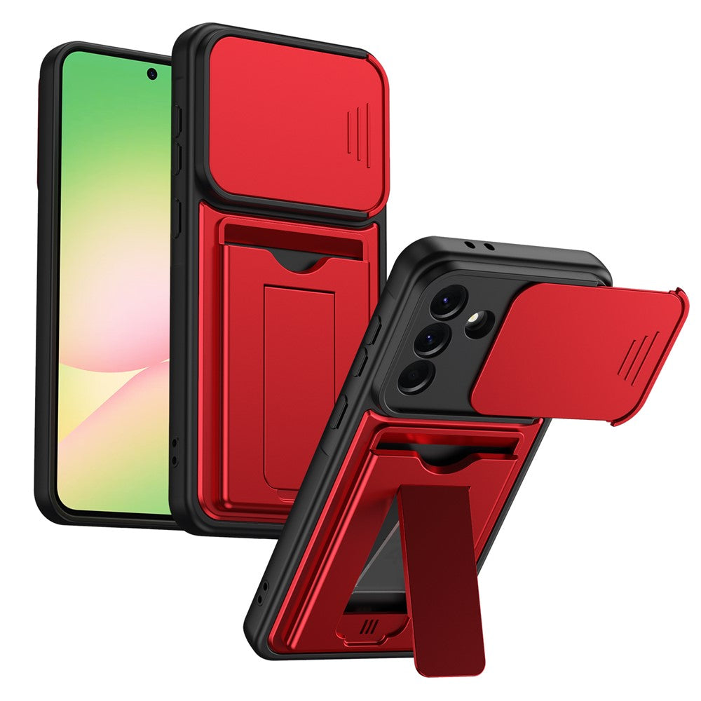 For Samsung Galaxy A26 5G Case Slide Camera Cover Kickstand PC + TPU Phone Shell with Card Holder