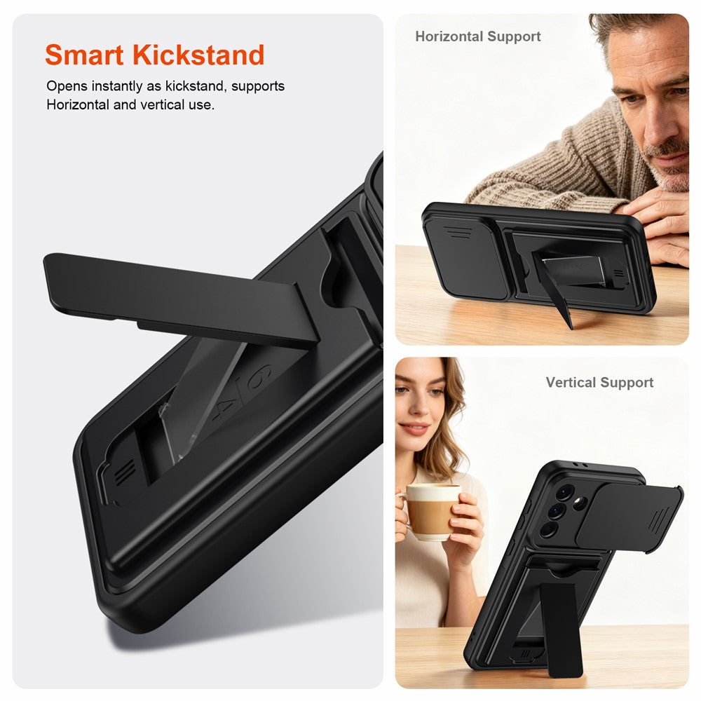 For Samsung Galaxy A36 5G Case Slide Camera Cover Kickstand PC + TPU Phone Shell with Card Holder