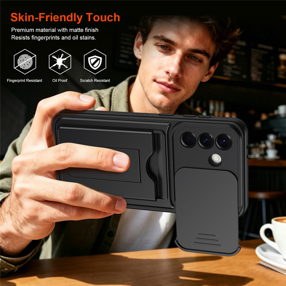For Samsung Galaxy A36 5G Case Slide Camera Cover Kickstand PC + TPU Phone Shell with Card Holder