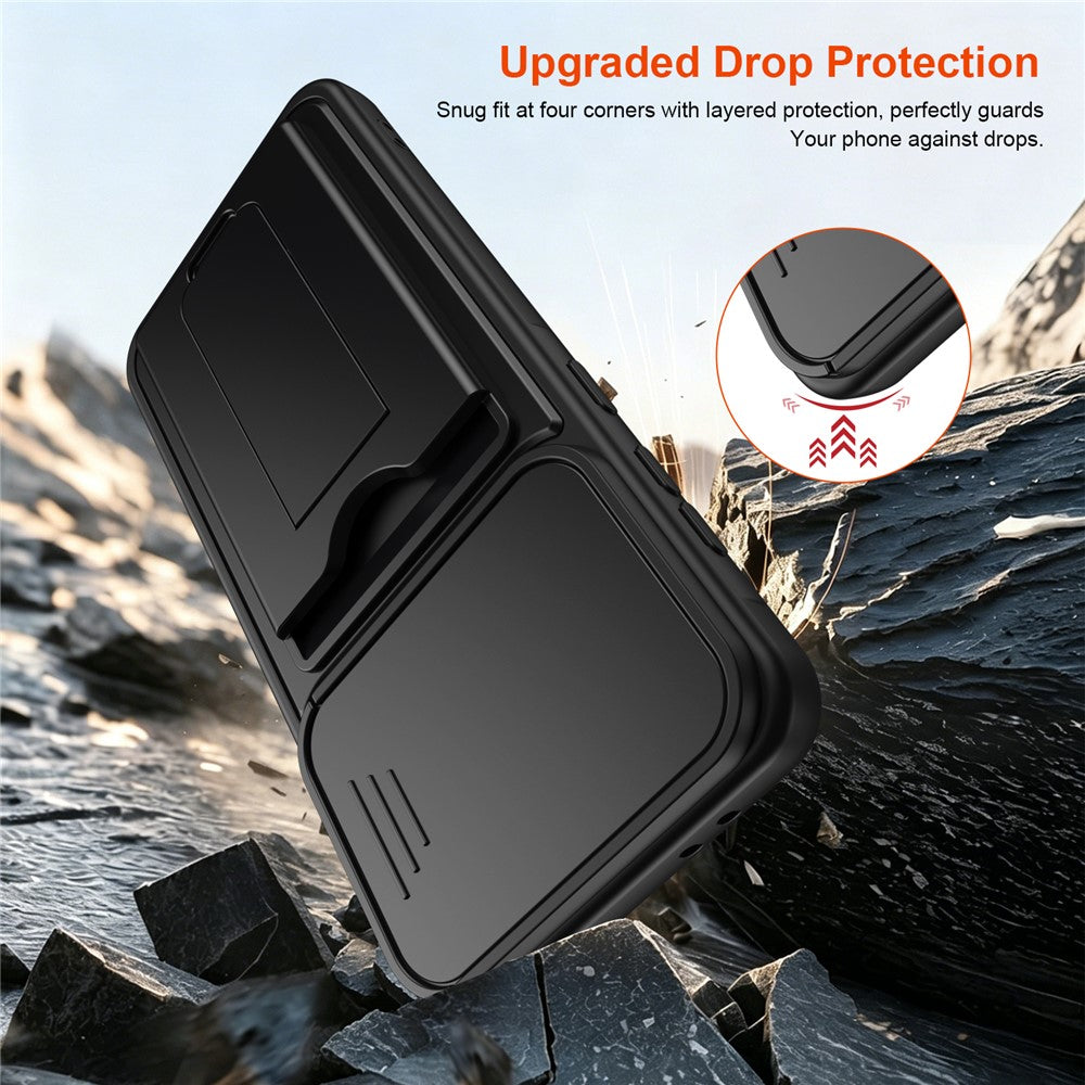 For Samsung Galaxy A56 5G Case Slide Camera Cover Kickstand PC + TPU Phone Shell with Card Holder
