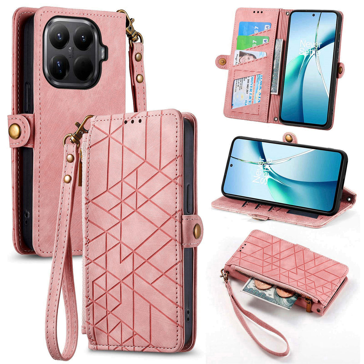 For Xiaomi 17T Pro Zipper Wallet Case Geometry Lines Leather Phone Cover with Strap