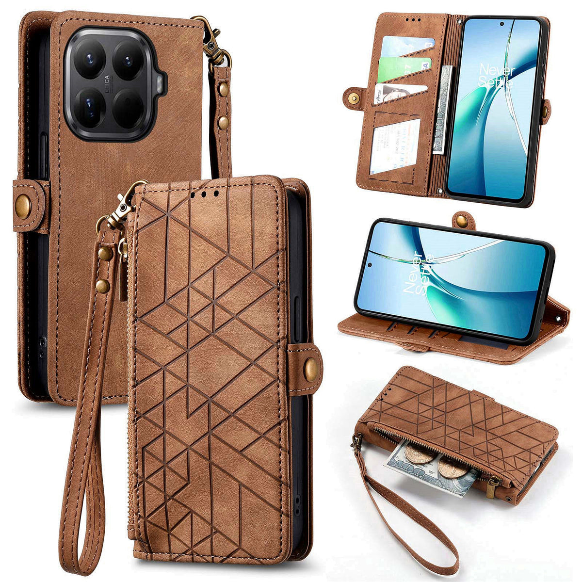 For Xiaomi 17T Pro Zipper Wallet Case Geometry Lines Leather Phone Cover with Strap