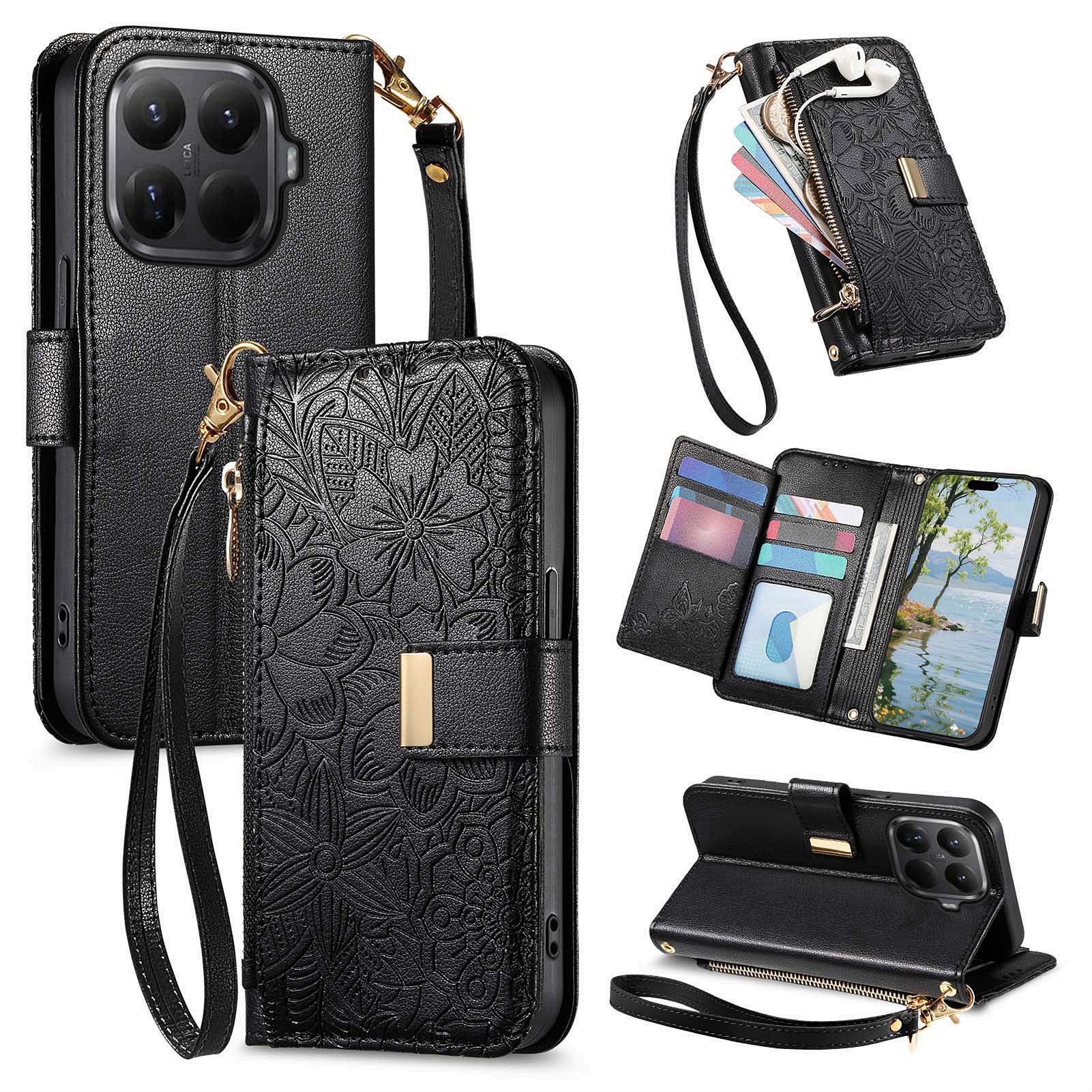 For Xiaomi 17T Pro Case Floral Leaf Pattern Multi Card Slots Zipper Leather Phone Cover with Wrist Strap